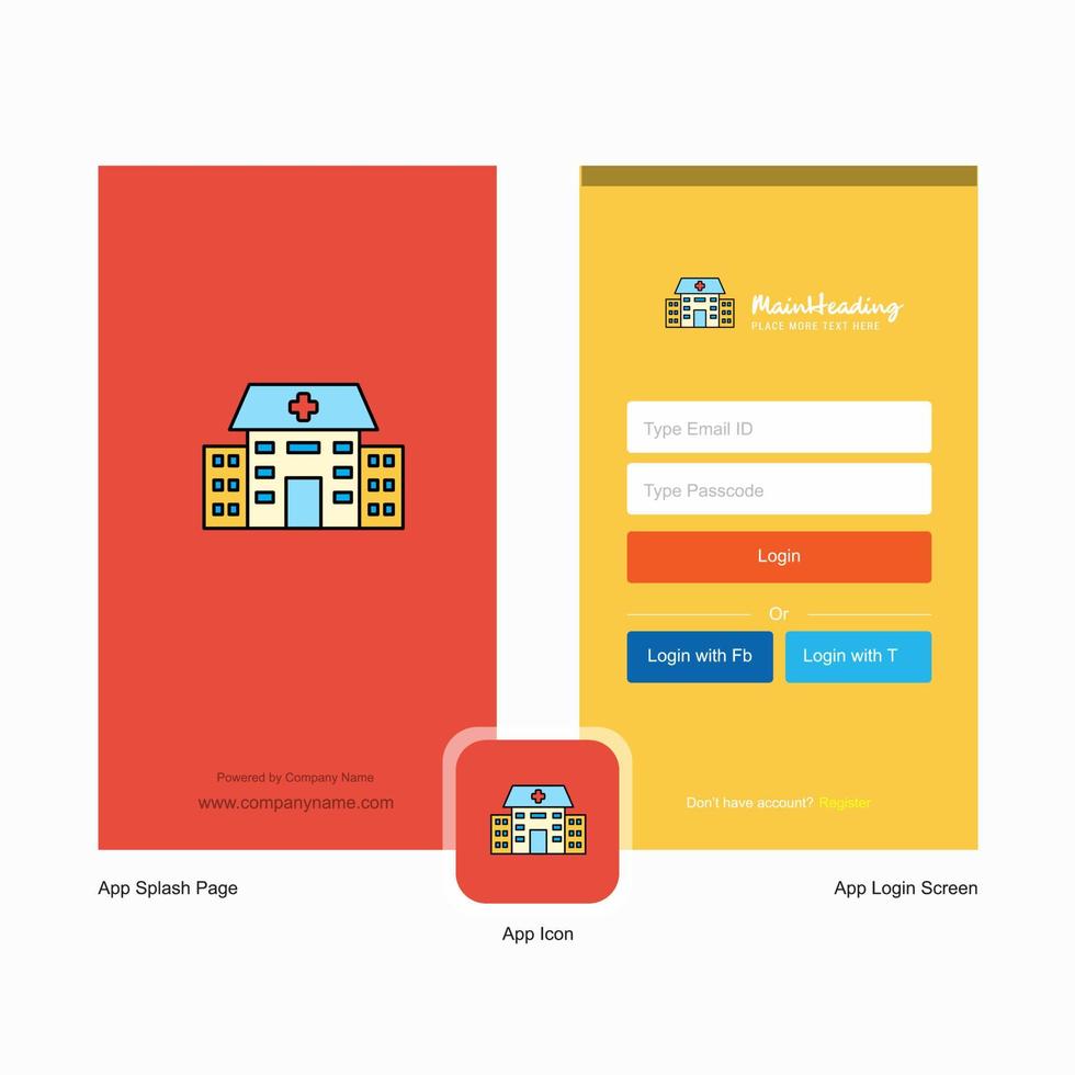 Unternehmenskrankenhaus-Begrüßungsbildschirm und Login-Seitendesign mit Logo-Vorlage Mobile Online-Business-Vorlage vektor