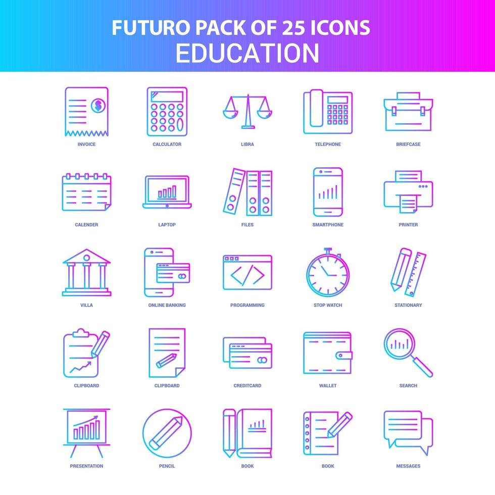25 blå och rosa futuro utbildning ikon packa vektor