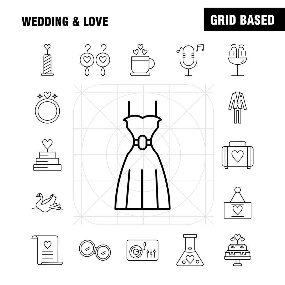 Hochzeits- und Liebeszeilensymbole, die für Infografiken, mobiles Uxui-Kit und Druckdesign festgelegt wurden, umfassen Tasse Tee Liebe Hochzeit Herz Kerzenlicht Liebe Symbolsatz Vektor