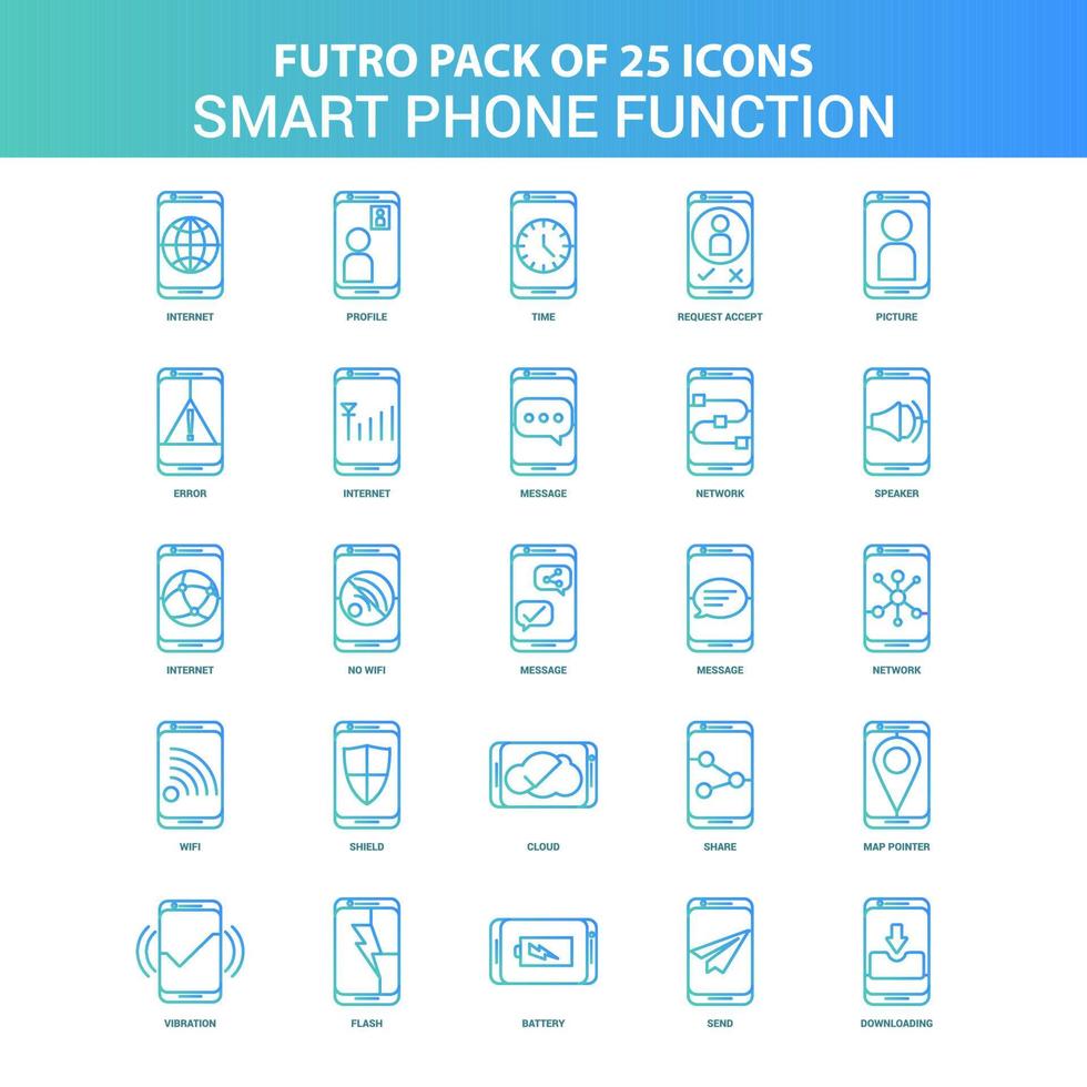 25 grüne und blaue Futuro-Smartphone-Funktionen Icon Pack vektor