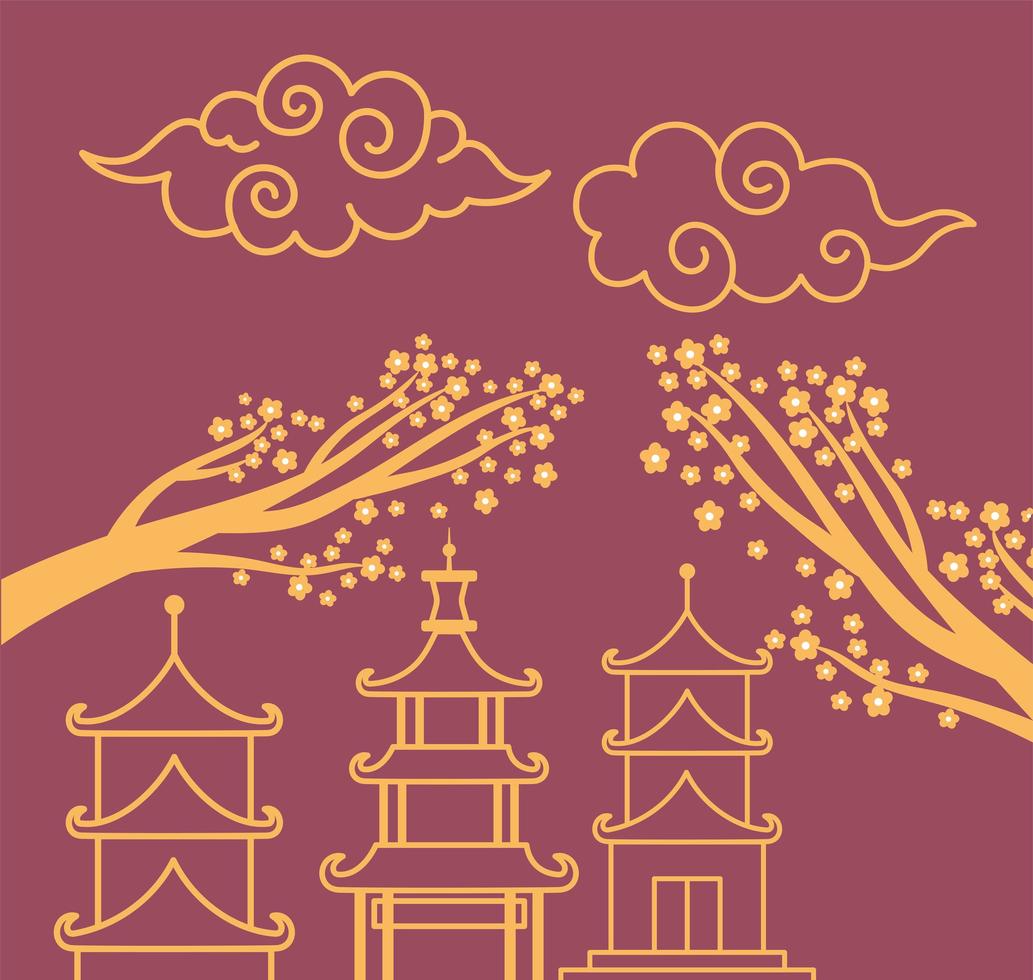 asiatische Komposition mit Pagoden und Sakura-Bäumen vektor