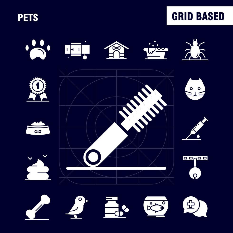 Haustiere solide Glyphen-Icons, die für Infografiken, mobiles Uxui-Kit und Druckdesign eingestellt sind, umfassen Haustier-medizinische Medizin Flasche Badewanne Dusche Haustier-Tier-Icon-Set-Vektor vektor