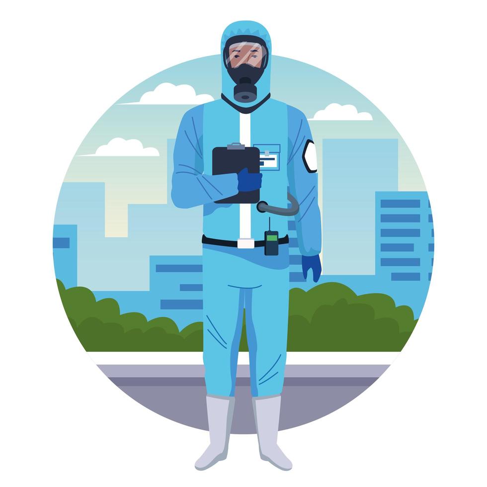 Arbeiter mit blauem Schutzvirus Anzug Charakter vektor