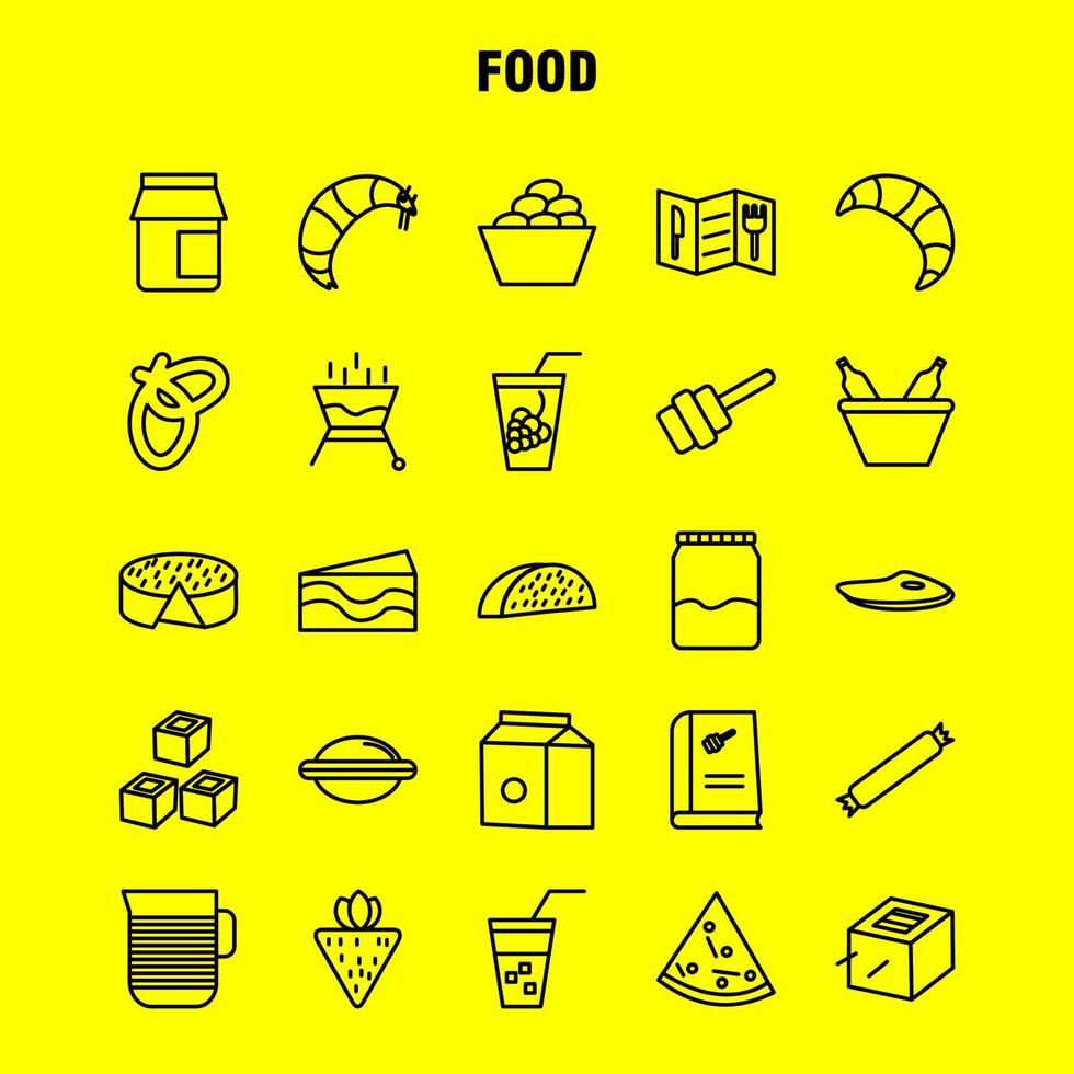 Symbole für die Lebensmittellinie, die für Infografiken, mobiles Uxui-Kit und Druckdesign festgelegt wurden, umfassen BBQ-Lebensmittel, Fleisch, Mahlzeit, Schüssel, Lebensmittel, Mahlzeit, Reis, Sammlung, modernes Infografik-Logo und Piktogrammvektor vektor