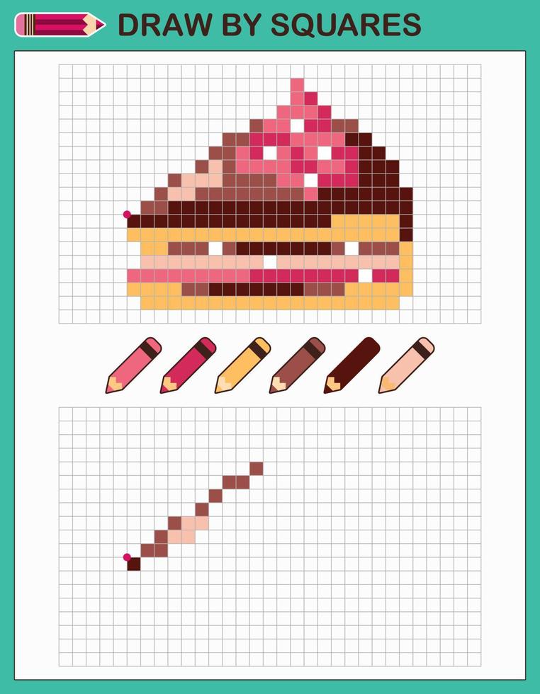 Kopieren Sie das Bild, zeichnen Sie durch Quadrate. spiel für kinder zeichnen kuchen durch zellen mit farbpalette. Pixel Kunst. Zeichen- und Logiktraining. vektor