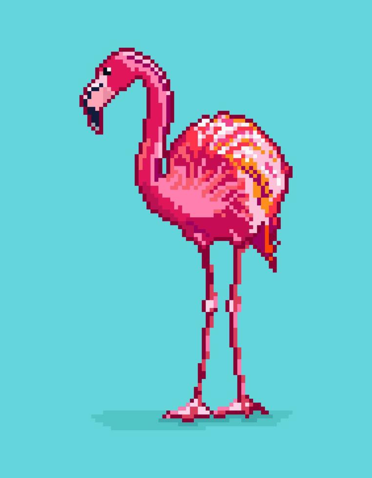 söt och rolig tecknad serie flamingo med på blå bakgrund. pixel konst stil. isolerat vektor design