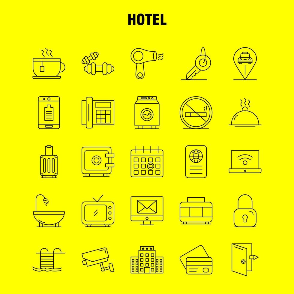 hotelzeilensymbole, die für infografiken, mobiles uxui-kit und druckdesign eingestellt sind, umfassen check-in-check-out-tür hotel mobile cell icon set vector