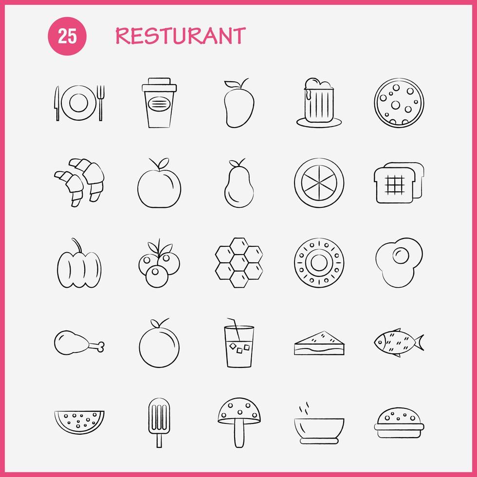 handgezeichnete Symbole des Restaurants, die für Infografiken, mobiles Uxui-Kit und Druckdesign festgelegt wurden, umfassen Trauben Lebensmittel Mahlzeit Obst Tee Kuchen Lebensmittel Mahlzeit eps 10 Vektor