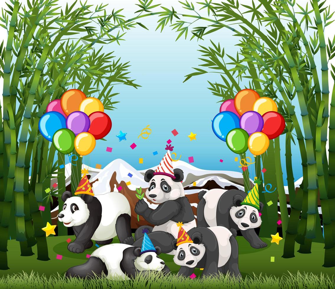 Panda-Gruppe in Party-Thema Zeichentrickfigur vektor