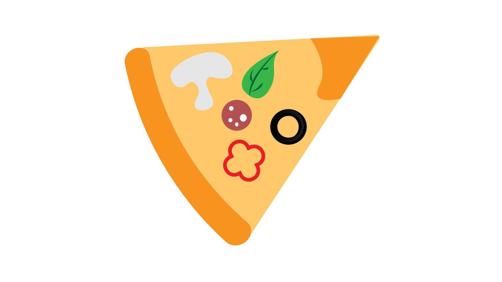 skiva av pizza på tunn deg, på en vit bakgrund, vektor illustration. pizza fylld med svamp, korvar, ost och örter. snabb mat för lunch och middag