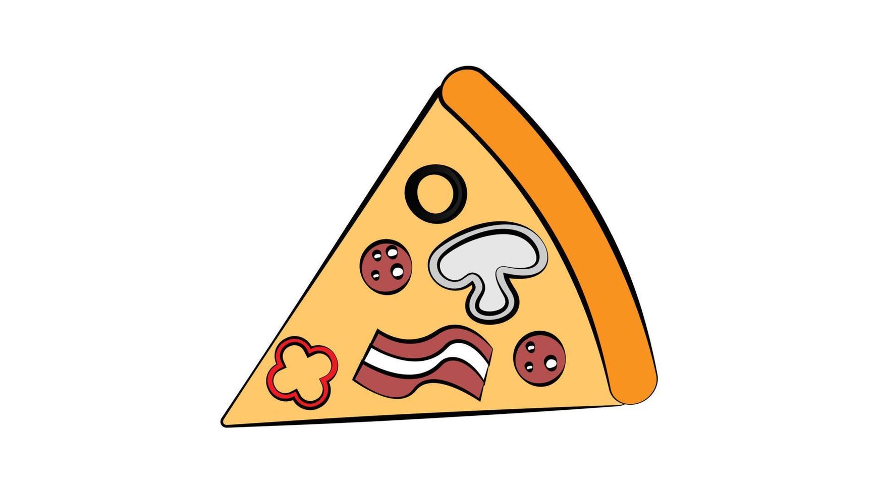 skiva av pizza på tunn deg, på en vit bakgrund, vektor illustration. pizza med fyllning, grönsaker, svamp, kött och korv. aptitlig skiva av pizza, snabb mat mellanmål