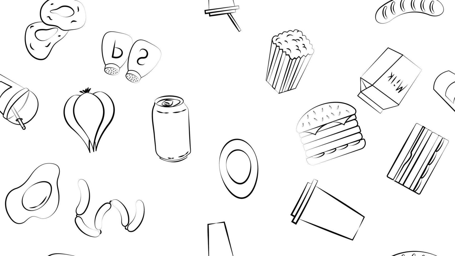 schwarz-weißes endloses nahtloses muster von lebensmitteln und snackartikeln symbole für restaurant bar cafe sandwich, burger, soda, getränk, popcorn, limonade, wurst. der Hintergrund vektor