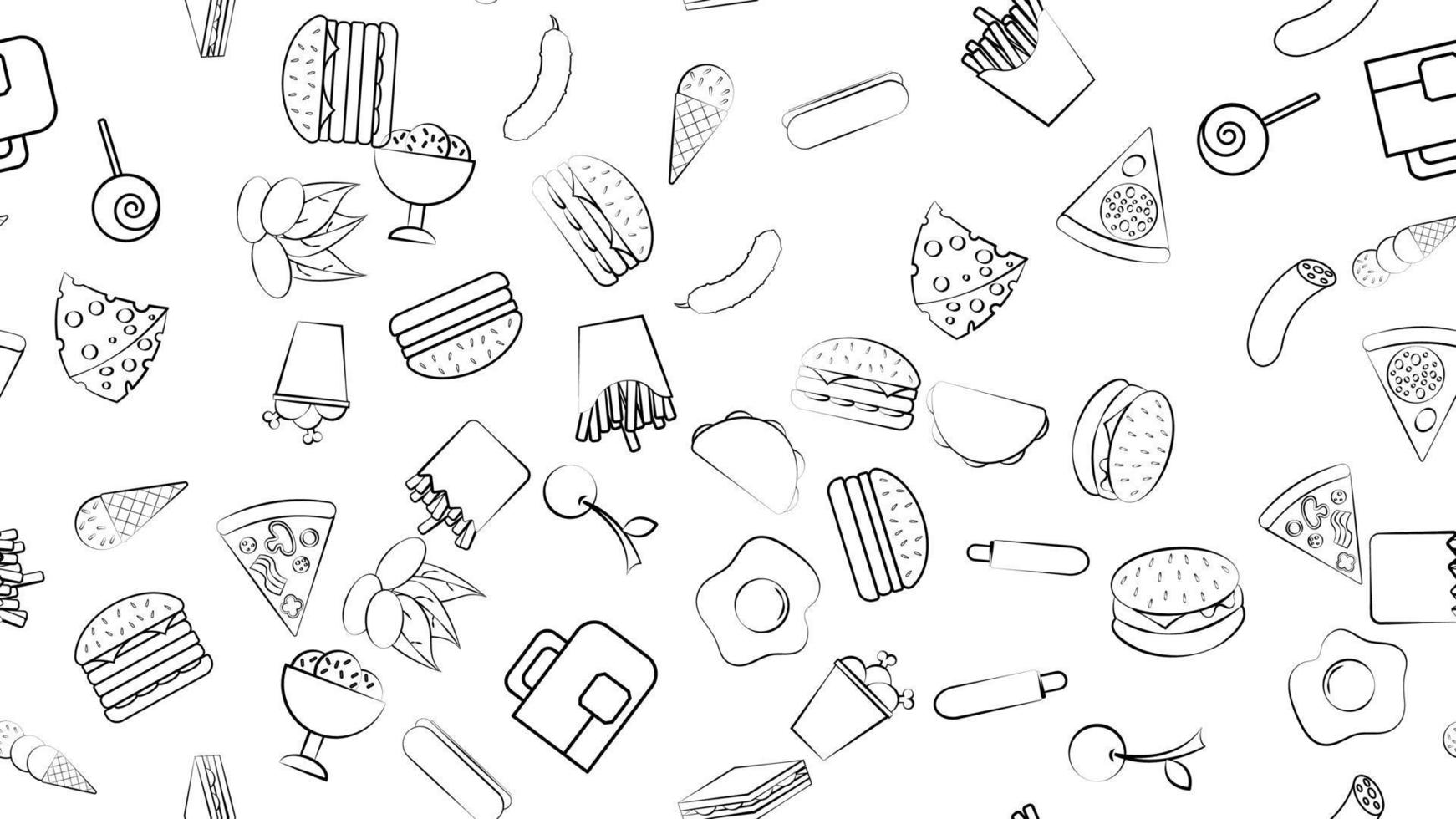 schwarz-weißes endloses nahtloses muster von essens- und snackartikeln symbolen für restaurant bar cafe burger, nüsse, ei, wurst, eis, pizza, burrito, süßigkeiten, tee. der Hintergrund vektor