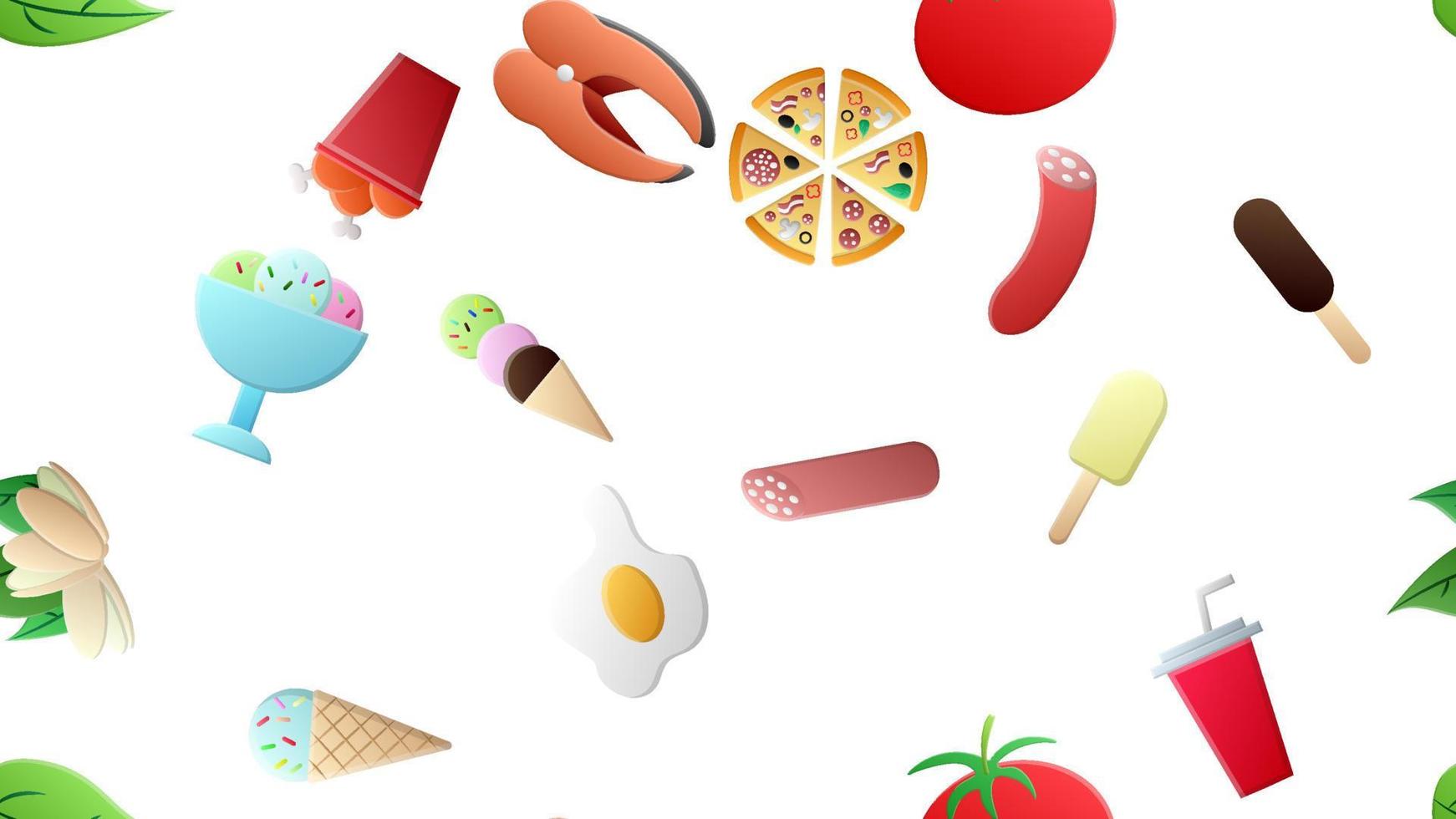 ändlös vit sömlös mönster från en uppsättning av ikoner av utsökt mat och snacks objekt för en restaurang bar Kafé pizza, korv, kyckling, fisk, nötter, grönsaker. de bakgrund vektor