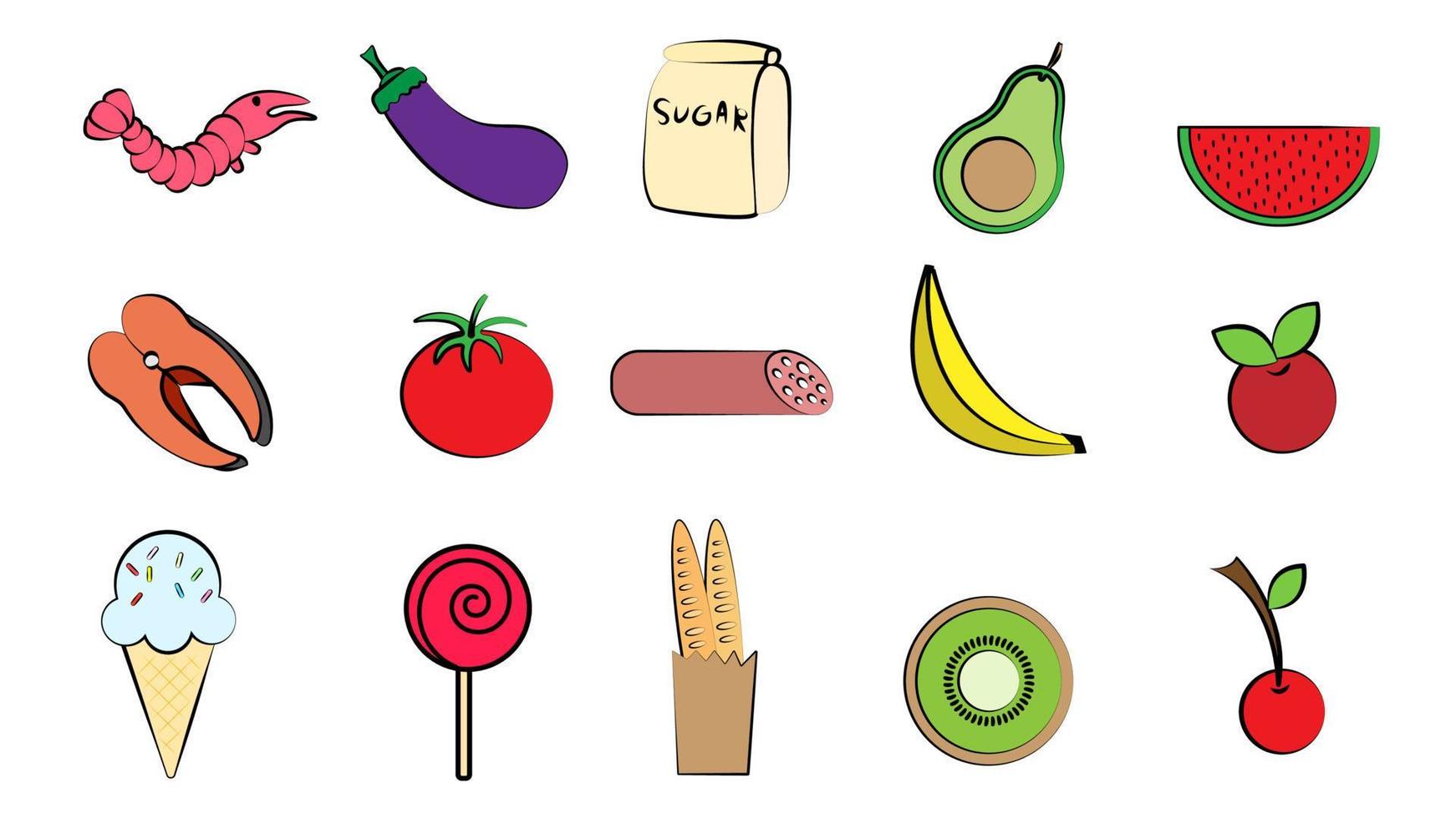 Satz von 15 Symbolen köstlicher Speisen und Snacks für ein Restaurant-Bar-Café auf weißem Hintergrund Garnelen, Fisch, Auberginen, Tomaten, Wurst, Banane, Eis, Wassermelone, Kiwi vektor