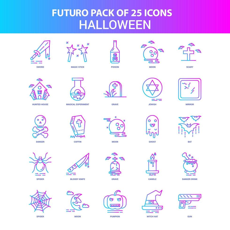 25 blå och rosa futuro halloween ikon packa vektor