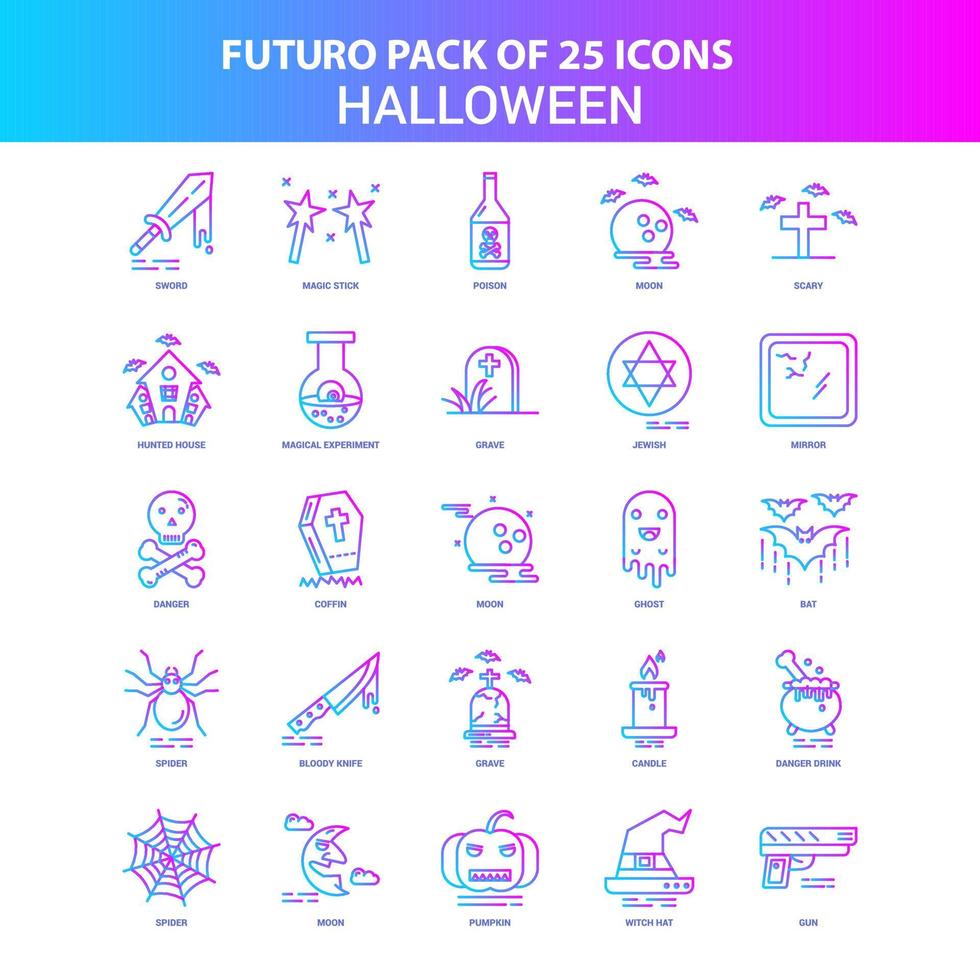 25 blaue und rosa Futuro-Halloween-Icon-Pack vektor