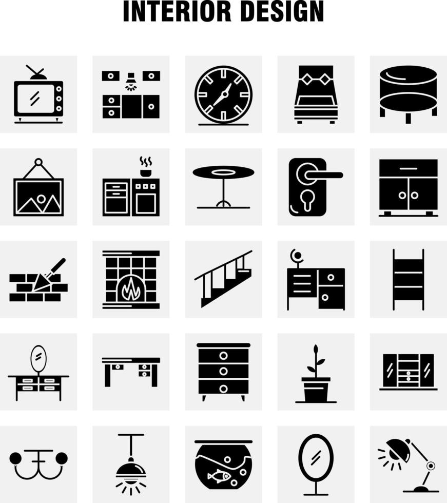 solide Glyphen-Icons für die Innenarchitektur, die für Infografiken, mobiles Uxui-Kit und Druckdesign festgelegt wurden, umfassen Schlafzimmer, Schrank, Möbel, Haus, Kleiderschrank, Fernseher, Fernseher, Haus-Icon-Set, Vektor