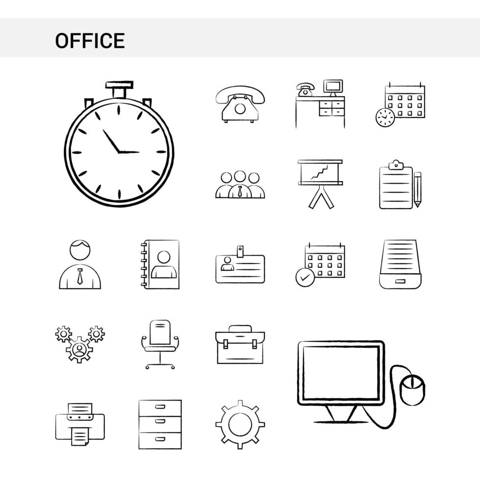 gesetzte Art der gezeichneten Ikone des Büros Hand lokalisiert auf weißem Hintergrundvektor vektor