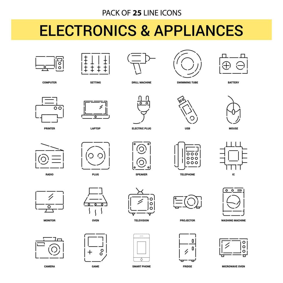 Symbolsatz für Elektronik- und Gerätelinien 25 gestrichelter Umrissstil vektor