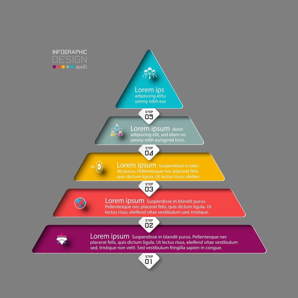 5 färgglada infografiska pyramidsteg vektor