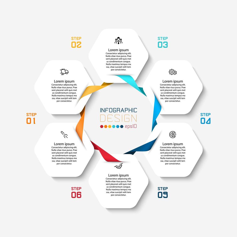 Infografik mit sechseckiger Form und farbigem Verbindungsband vektor