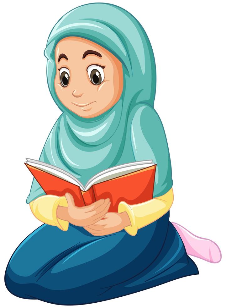 arabisches muslimisches Mädchen im Lesebuch der traditionellen Kleidung vektor