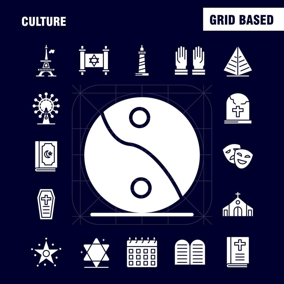 kultur solide glyph symbole für infografiken mobile uxui kit und druckdesign umfassen trommel handinstrument musik religion gebot glauben beten symbol set vektor