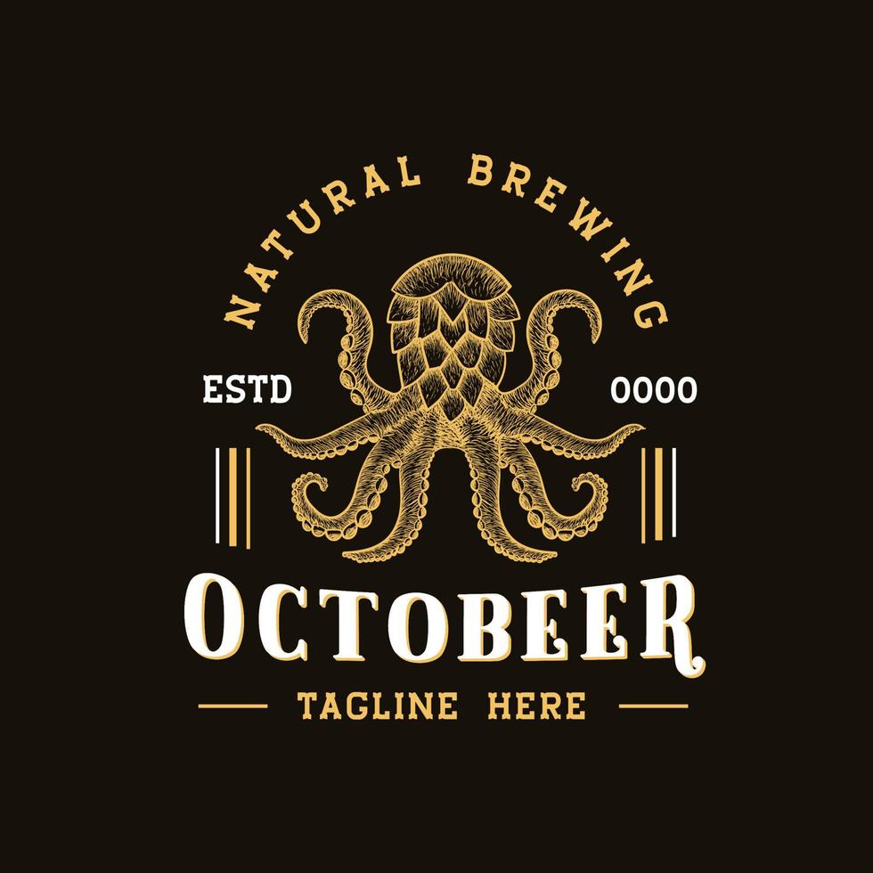 bläckfisk öl logotyp hand dragen årgång eller retro logotyp design mall vektor