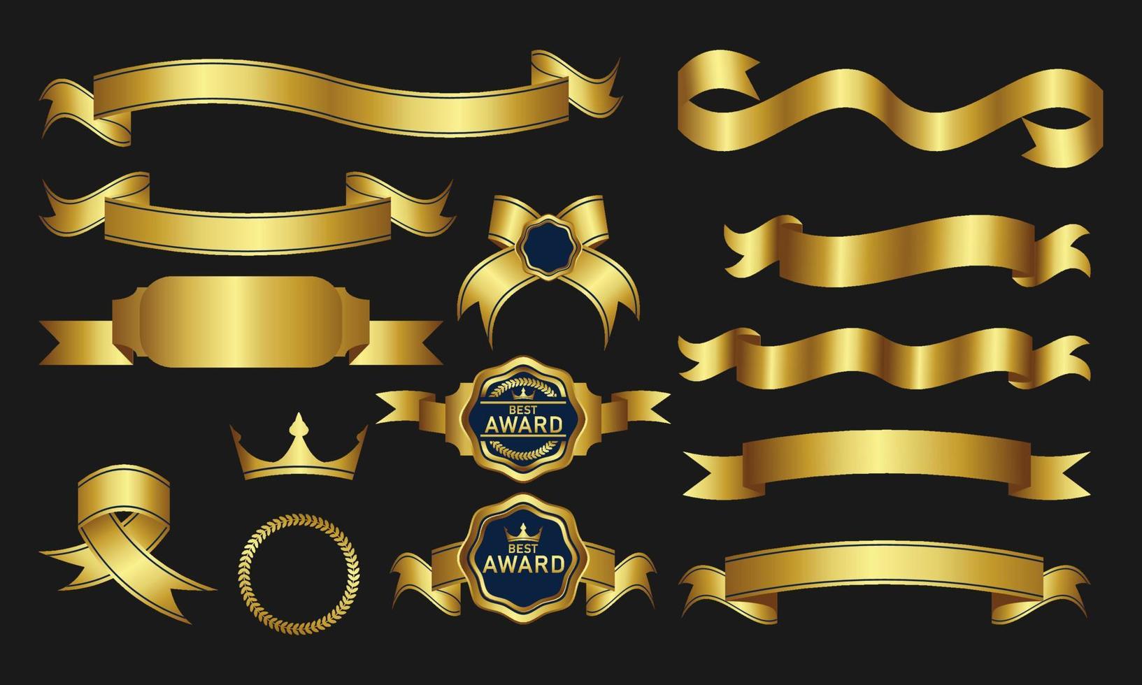 samling av guld band vektor design element, tätningar, medaljer, sköldar, rockar, märken, banderoller, rullar och ornament