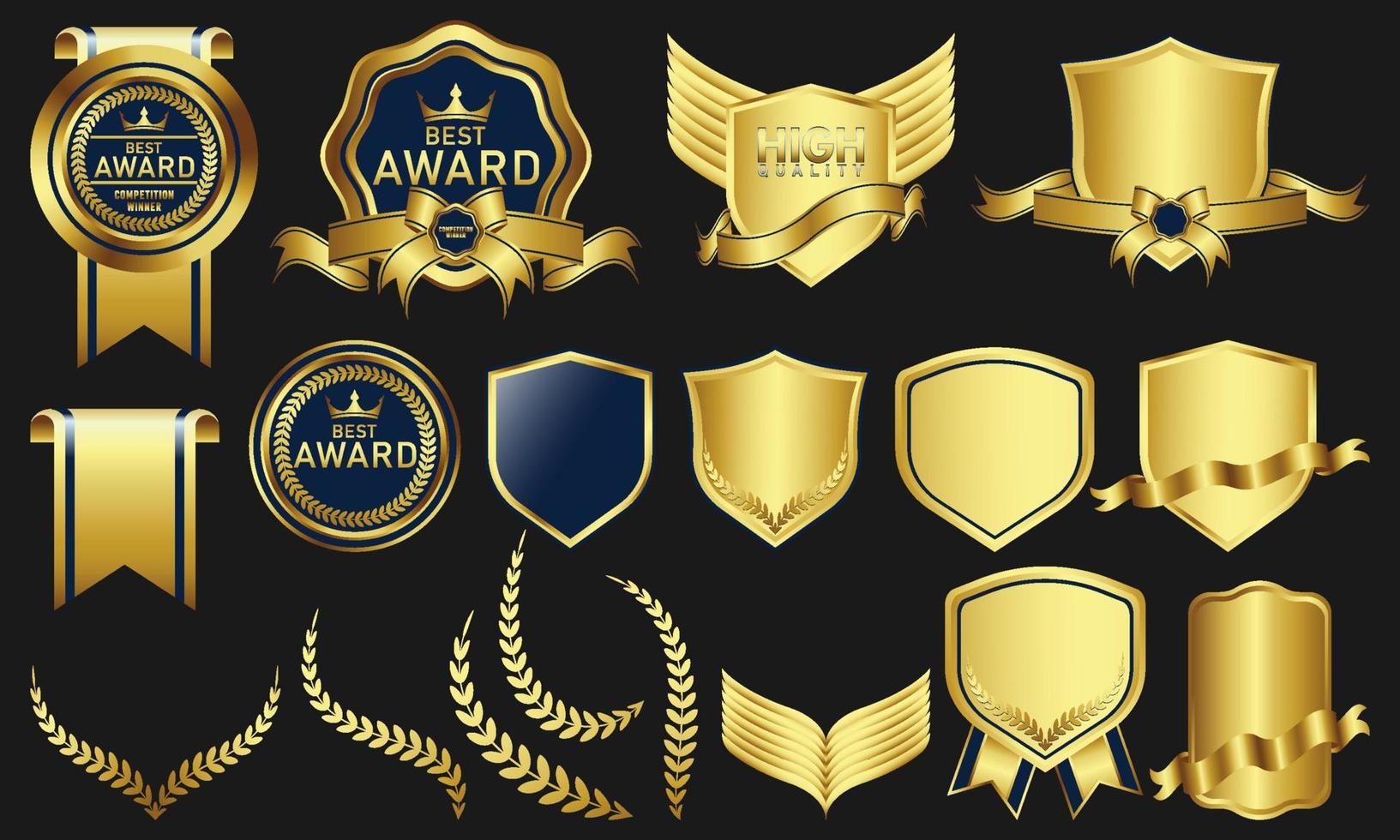 samling av vektor design element för guld märken, tätningar, medaljer, sköldar, rockar, märken, banderoller, rullar, band och ornament