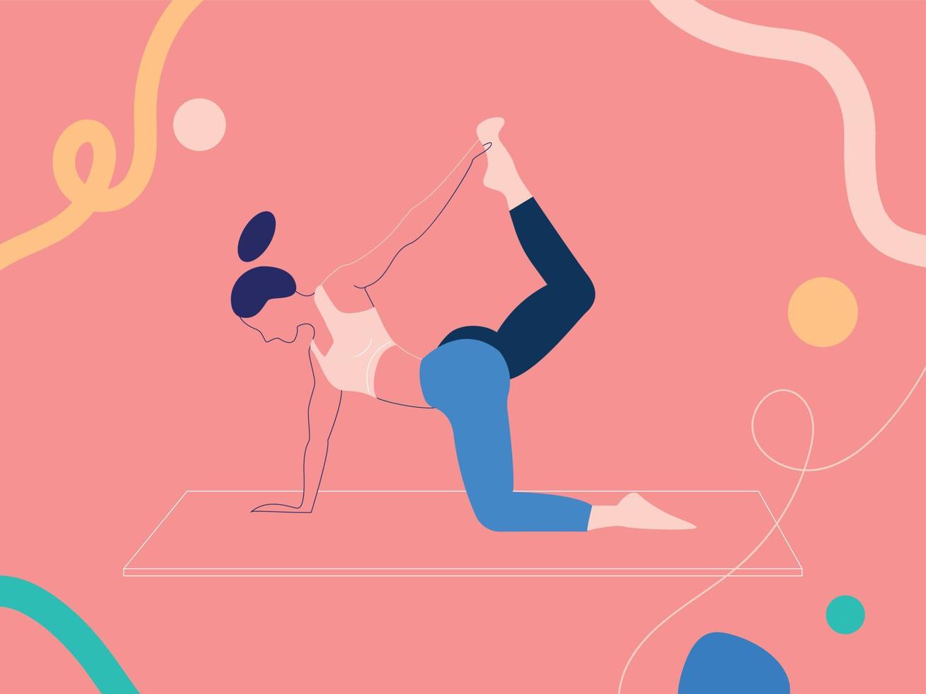 Frau, die Yoga-Fitness-Gymnastik praktiziert. banner mit illustration einer frau, die yoga- oder pilatesübungen auf einer yogamatte macht. d Yoga-Asanas machen. junges mädchen, das sich ausdehnt, haltungsvektorillustration. vektor