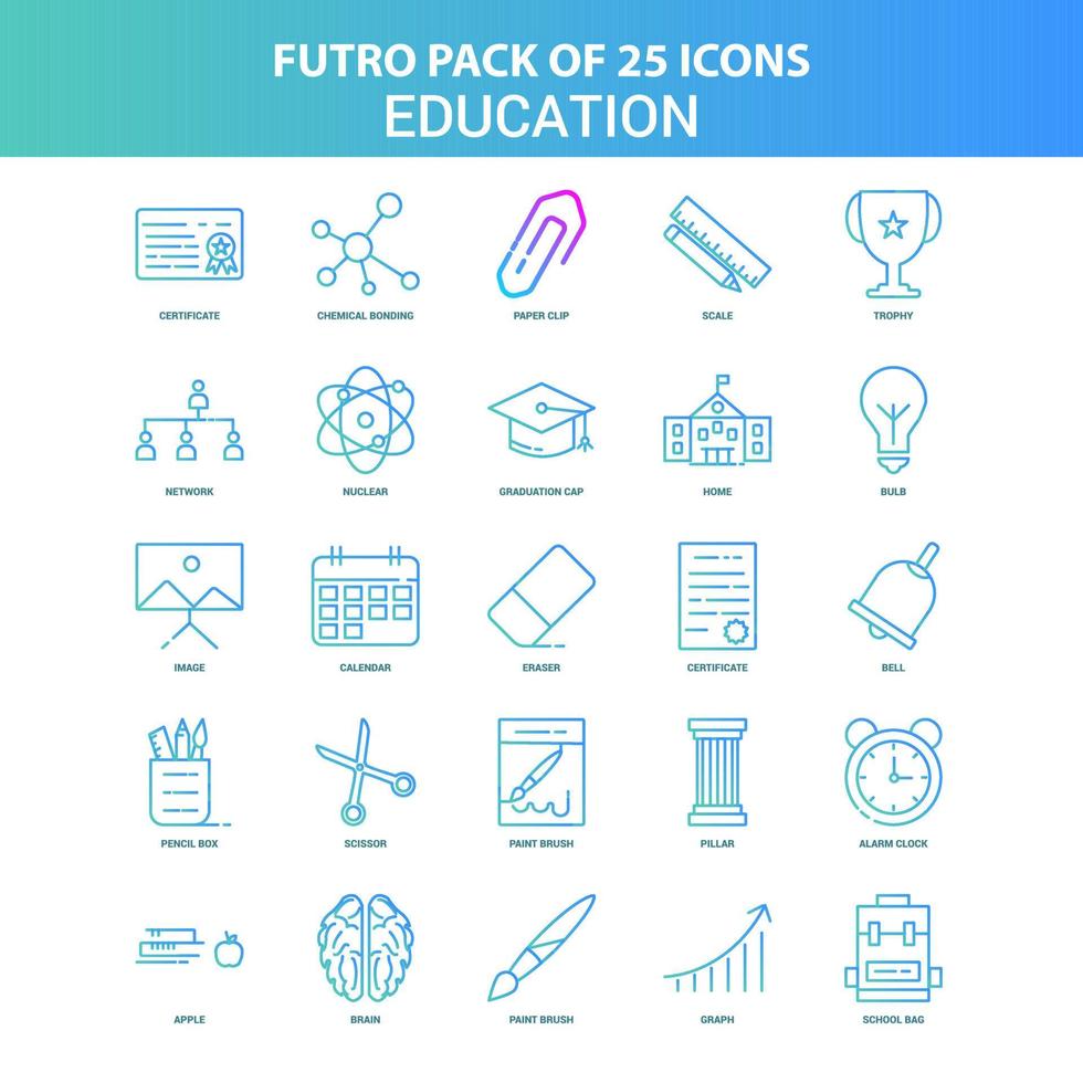 25 grüne und blaue Futuro-Bildungs-Icon-Pack vektor