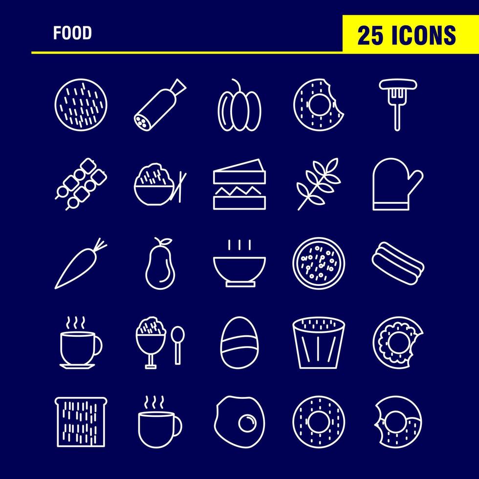 Symbole für die Lebensmittellinie, die für Infografiken, mobiles Uxui-Kit und Druckdesign festgelegt wurden, umfassen Kekse, süße Lebensmittel, Mahlzeit, Wurst, Fleisch, Lebensmittel, Mahlzeitsammlung, modernes Infografik-Logo und Piktogrammvektor vektor