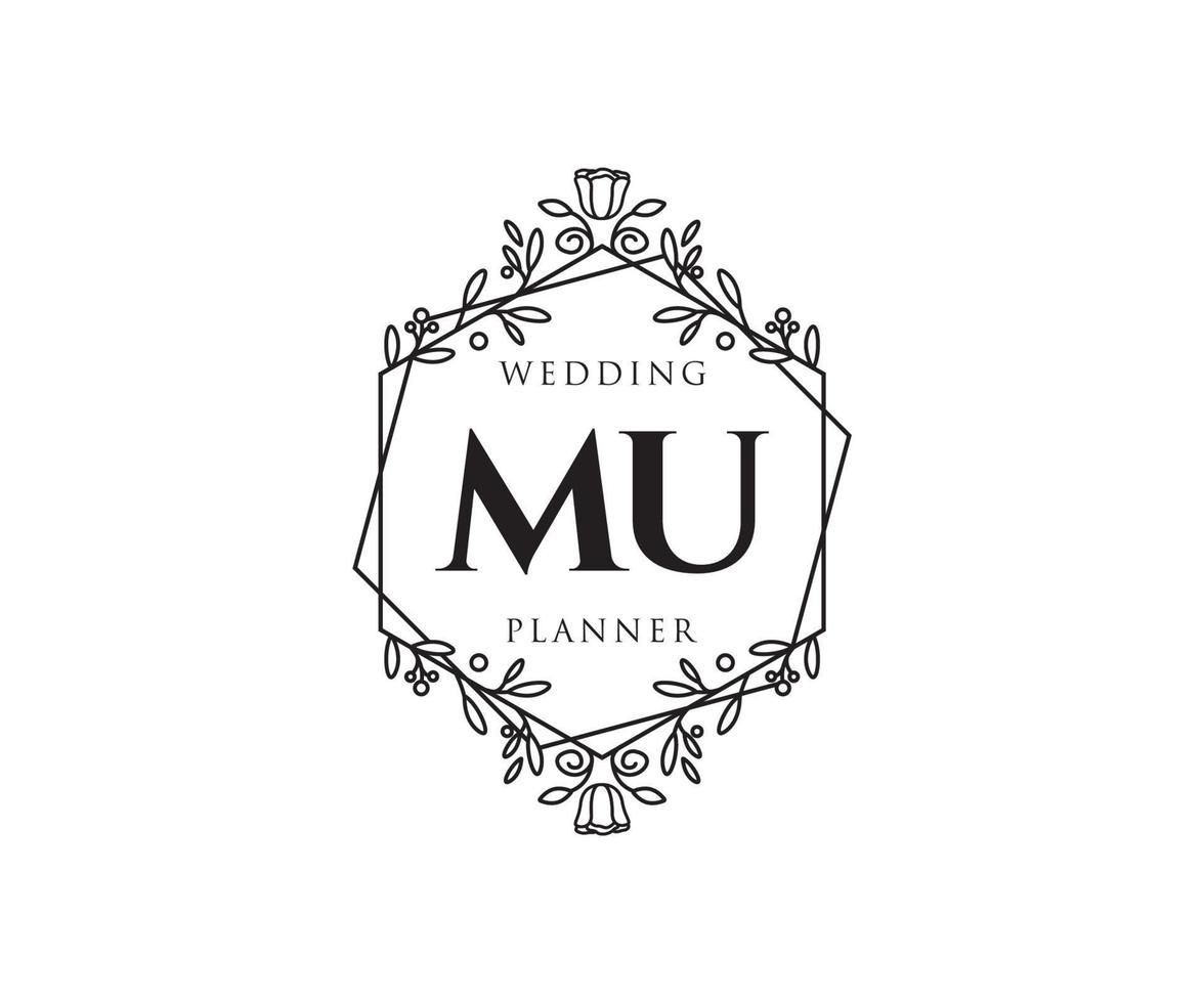 mu initialer brev bröllop monogram logotyper samling, hand dragen modern minimalistisk och blommig mallar för inbjudan kort, spara de datum, elegant identitet för restaurang, boutique, Kafé i vektor