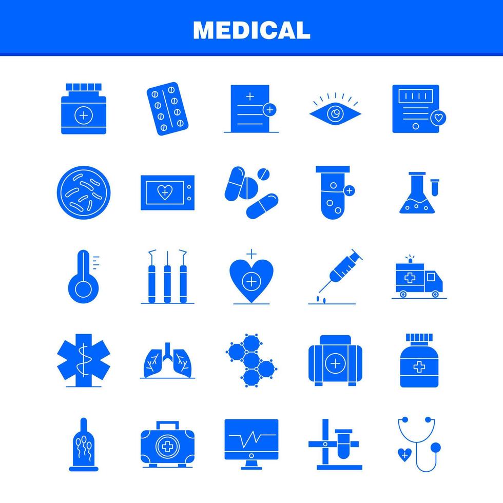 Medizinische solide Glyphen-Icons für Infografiken, mobiles Uxui-Kit und Druckdesign umfassen Krankenwagen, medizinisches Gesundheitswesen, Krankenhaus, Herz, medizinischer Scanner, Statistik, eps 10, Vektor