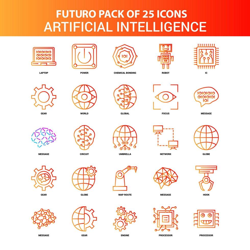 orange futuro 25 artificiell intelligens ikon uppsättning vektor