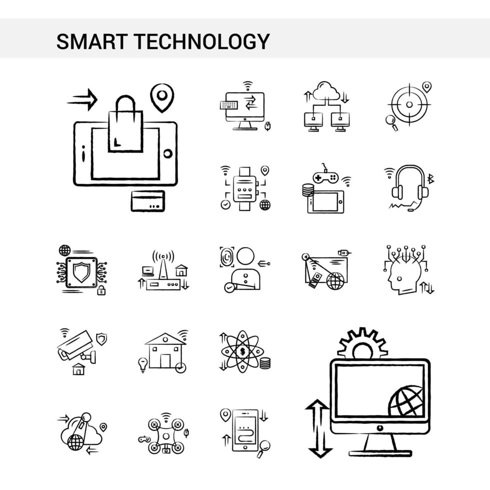 gesetzte Art der intelligenten Technologie Hand gezeichnete Ikone lokalisiert auf weißem Hintergrundvektor vektor