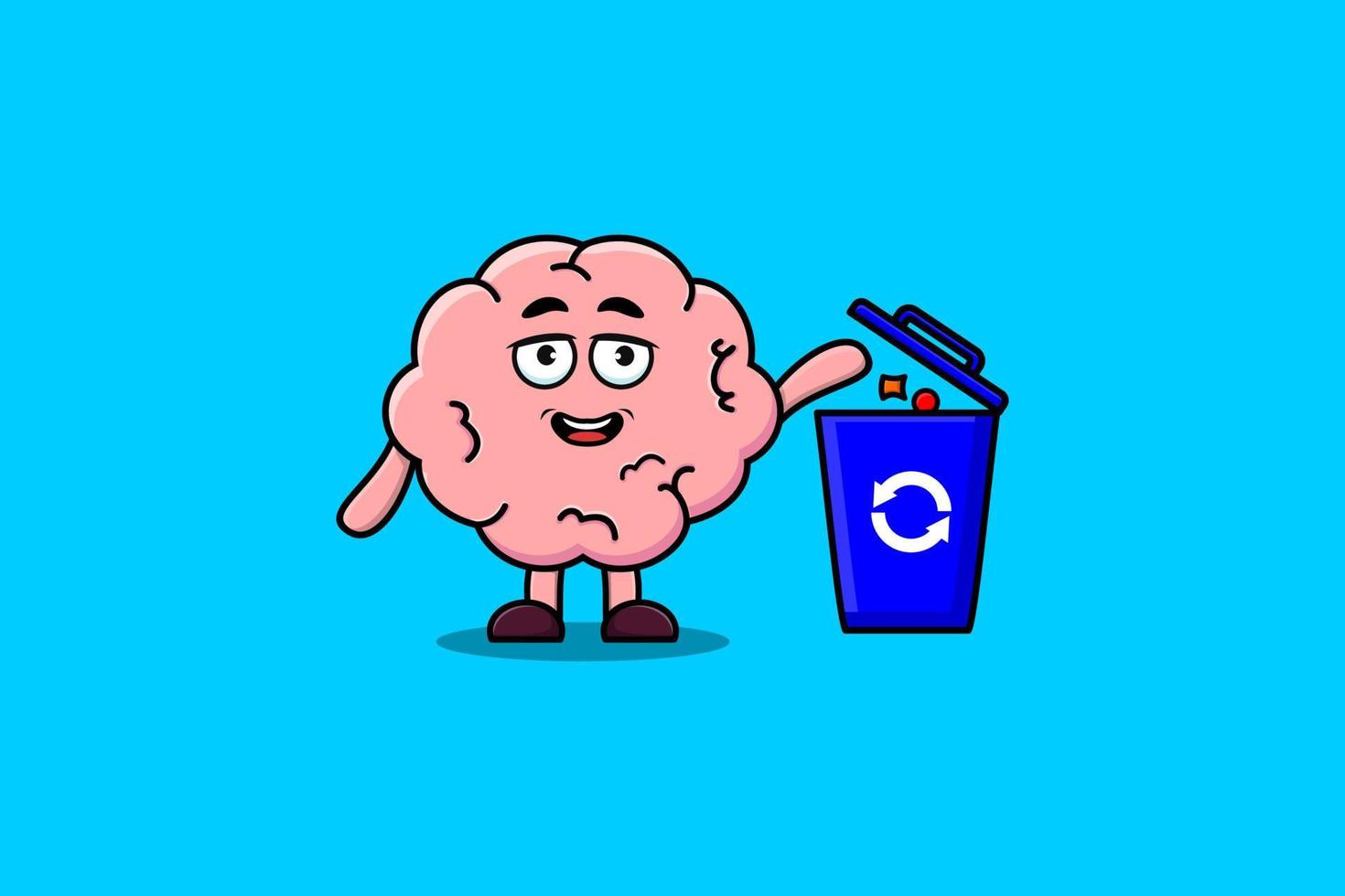 niedliches Cartoon-Gehirn, das Müll in den Müll wirft vektor