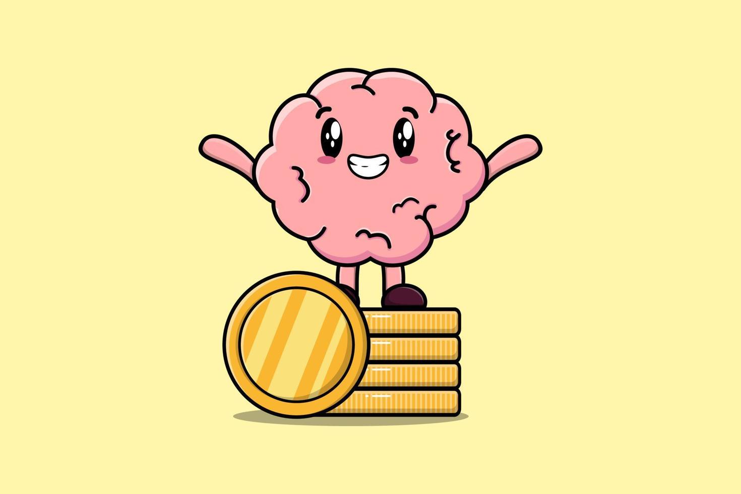 söt tecknad serie hjärna stående i staplade guld mynt vektor