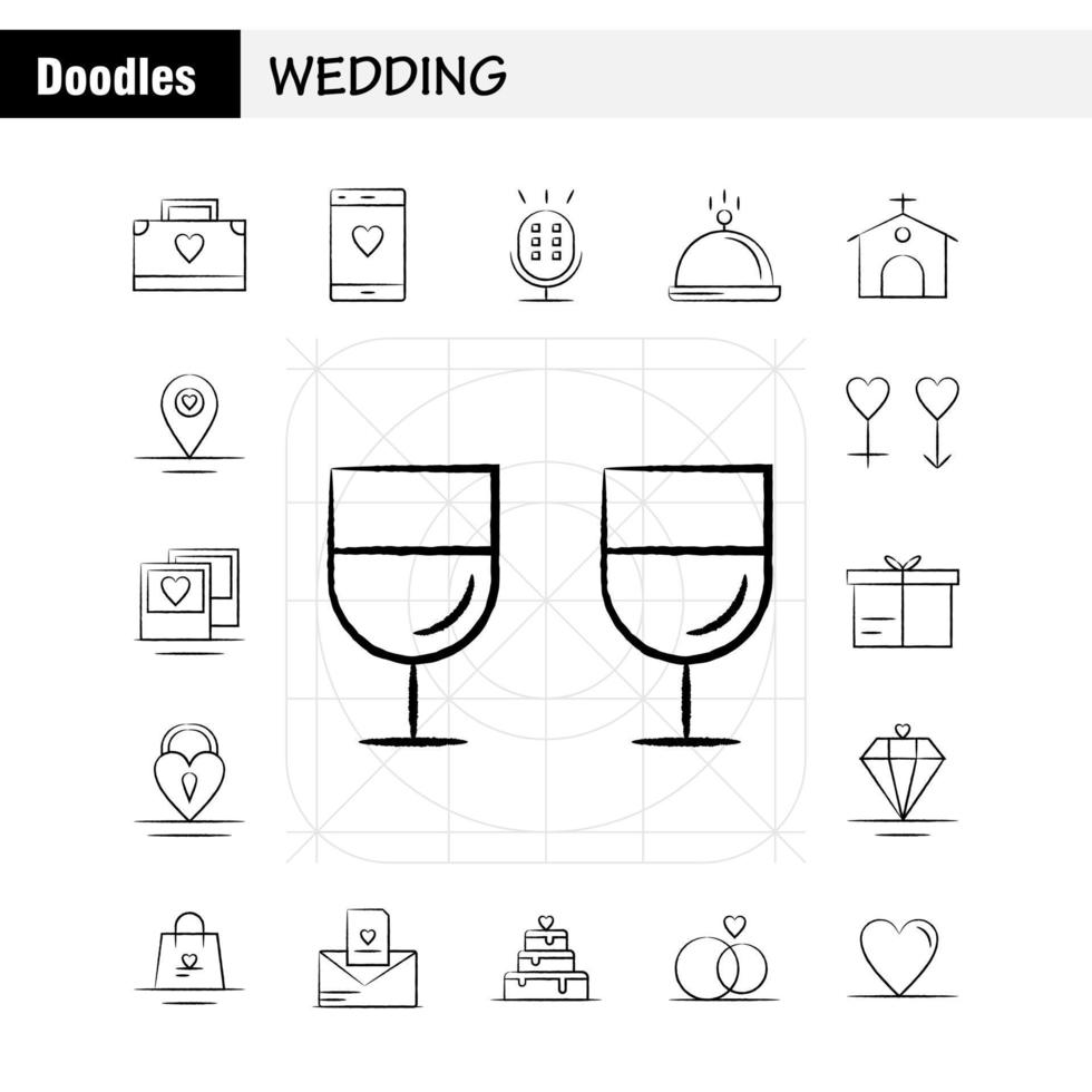 bröllop hand dragen ikoner uppsättning för infographics mobil uxui utrustning och skriva ut design inkludera väska hand väska kärlek mobil cell kärlek mic ikon uppsättning vektor