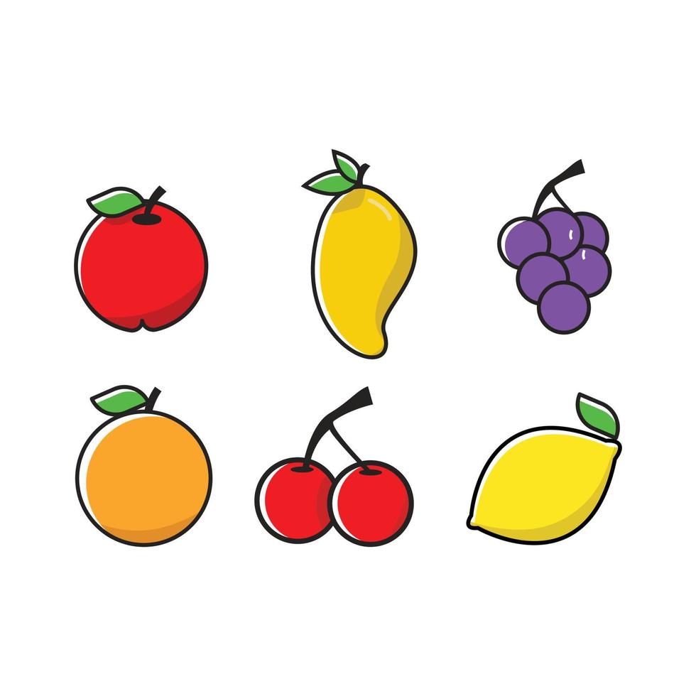 Obst, Apfel, Traube, Zitrone, Mango-Vektor-Icon-Set. vektor
