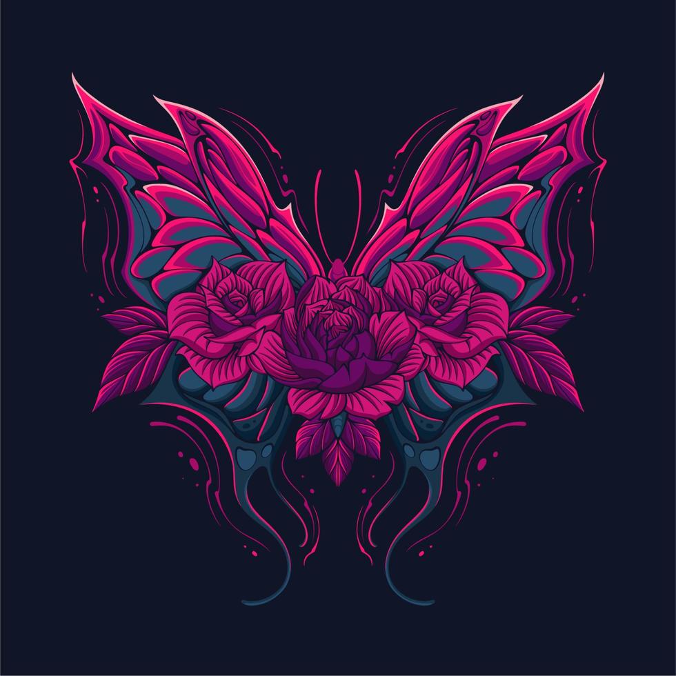 bunter schöner fliegender schmetterling mit blumen und blättern darauf für t-shirt-design vektor