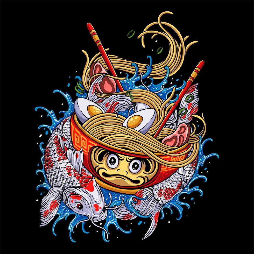 bunte japanische ramen mit daruma-schüssel mit kreisförmigem koi-fisch auf wasserhintergrund für t-shirt-design vektor
