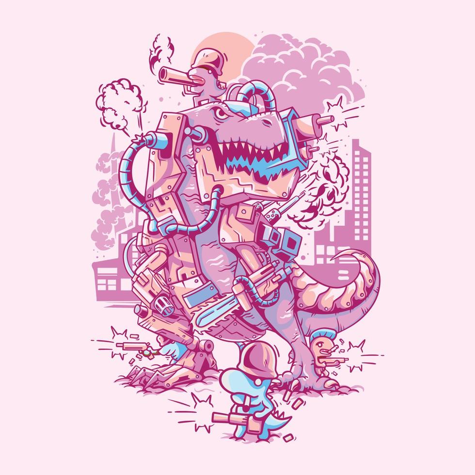 vektor illustration färgrik armerad cyborg tyrannosaurus med mängd av vapen årgång illustration