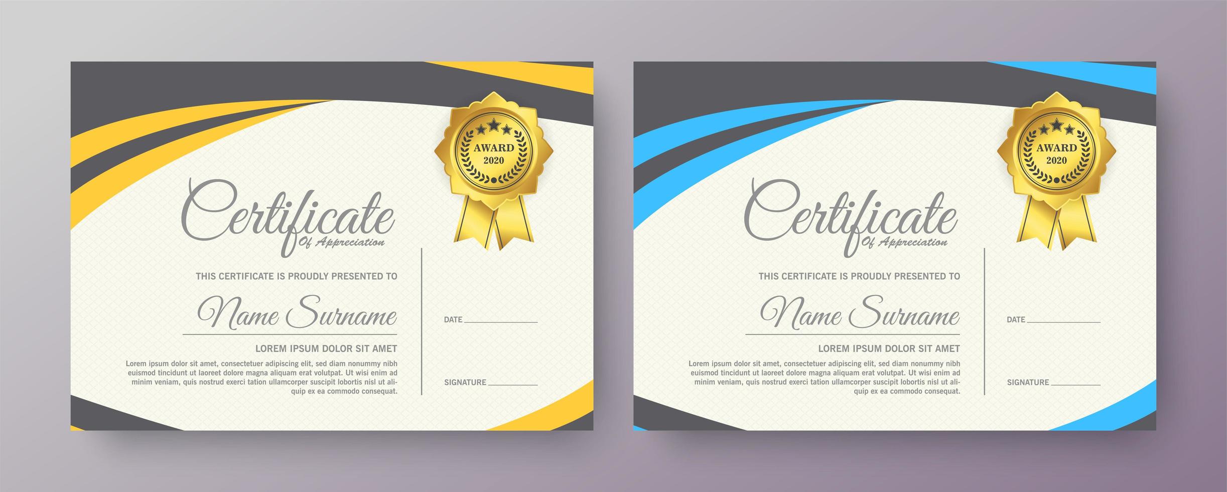 Zertifikatsdesigns mit gelben und blauen Farben vektor