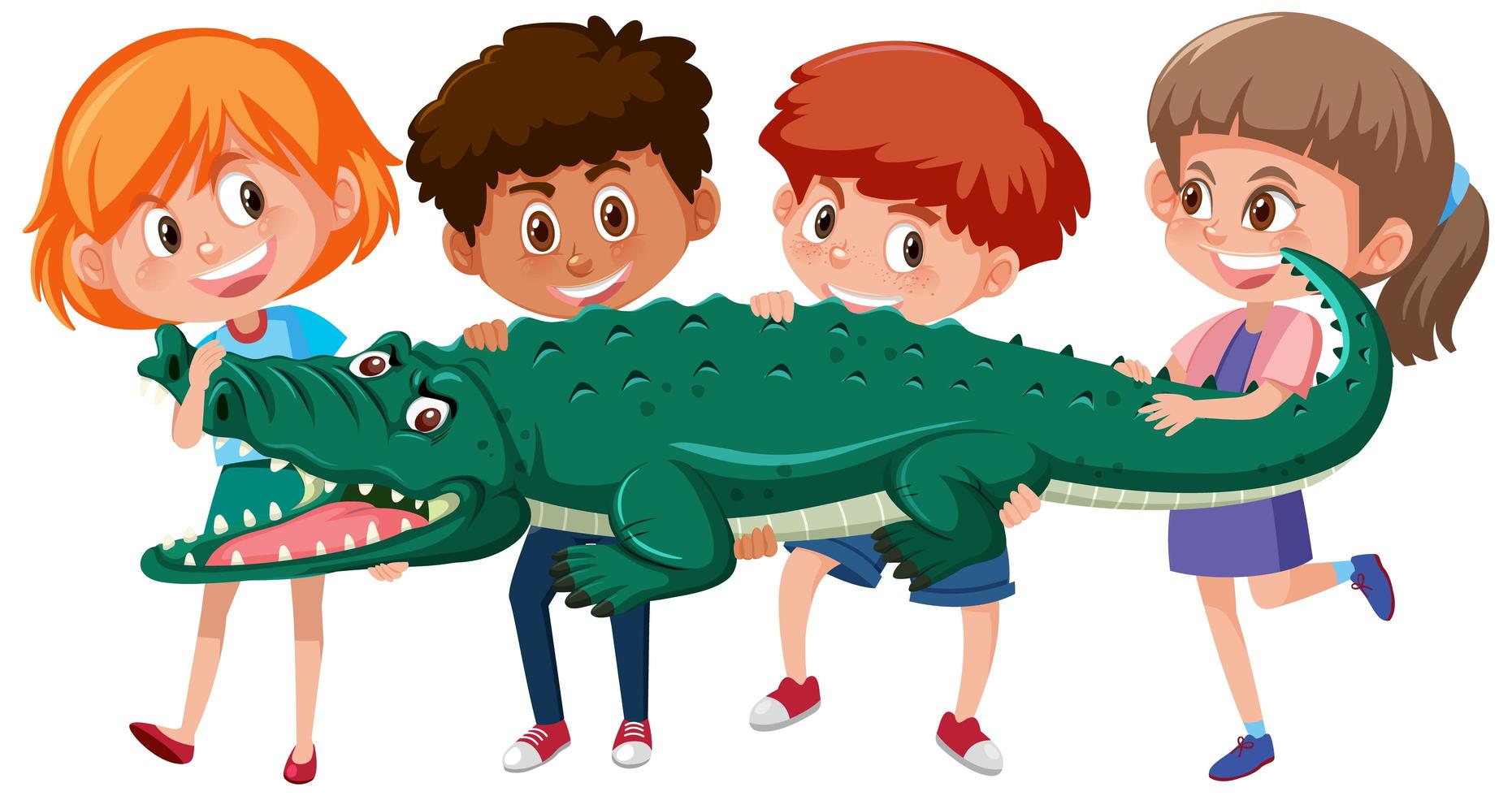 fyra barn som håller krokodil eller alligator vektor