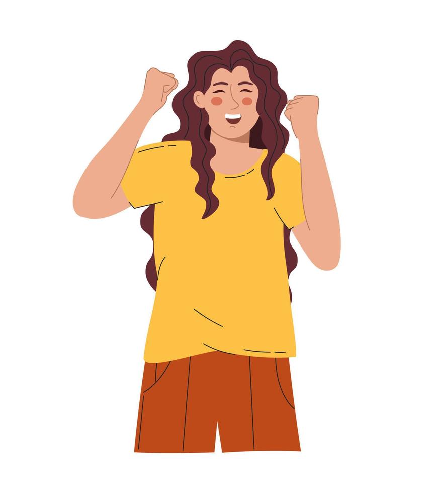 en skön kvinna gläds och höjer henne händer upp. vektor illustration platt stil