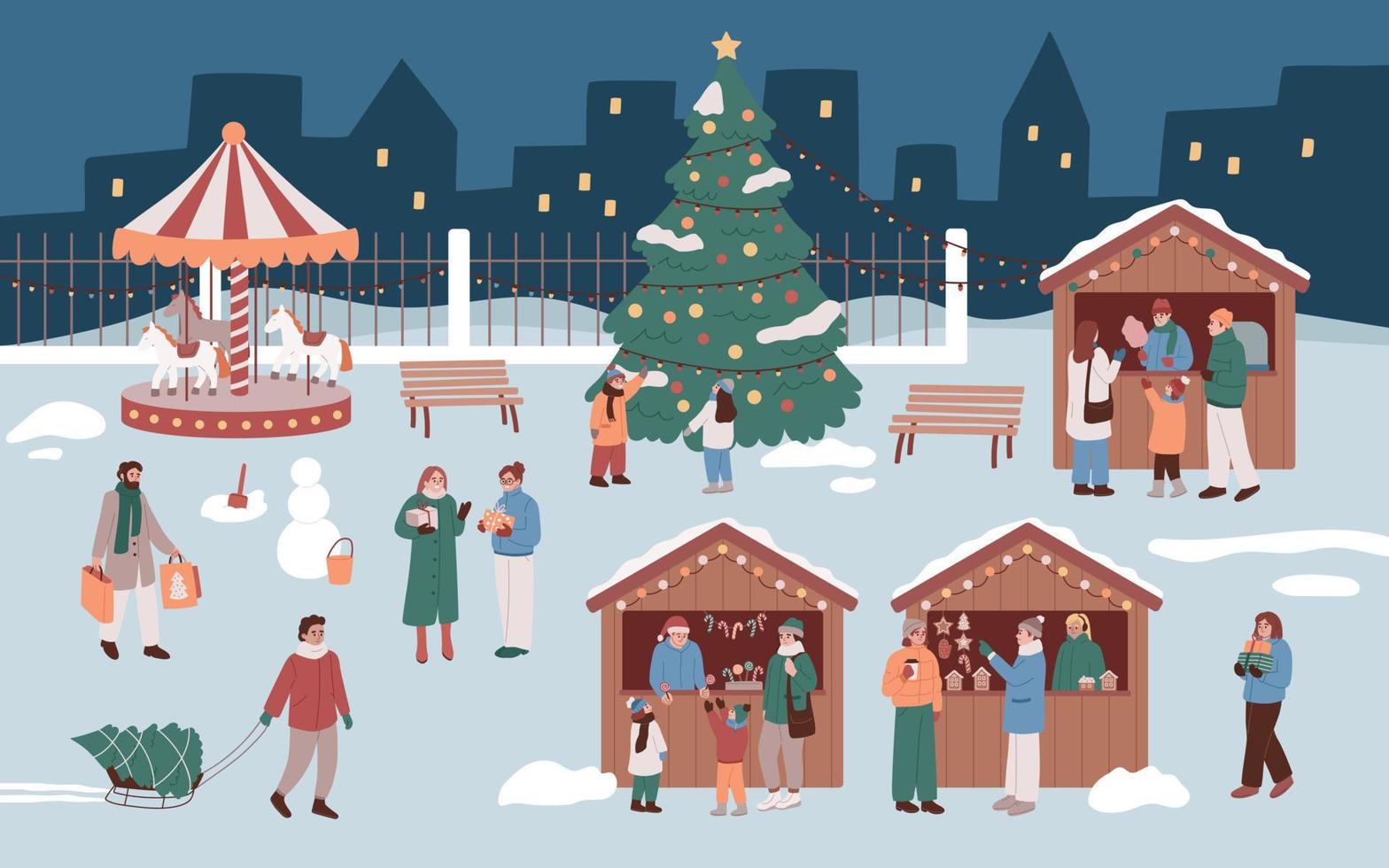 Weihnachtsmarkt. Weihnachtsmarkt. Familie, Menschen, Leckereien kaufen, Spaß haben, einkaufen, trinken und essen. Neujahrsmarkt. feier, ferien im freien. flache vektorillustration. vektor