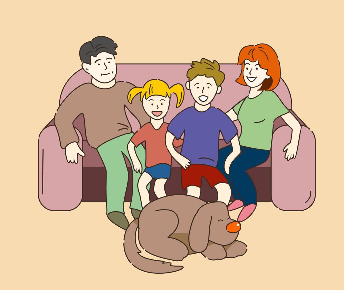 familj sammankomst. Lycklig familj. föräldrar med barn och en hund. familj värden. traditionell familj. dotter och son. vektor